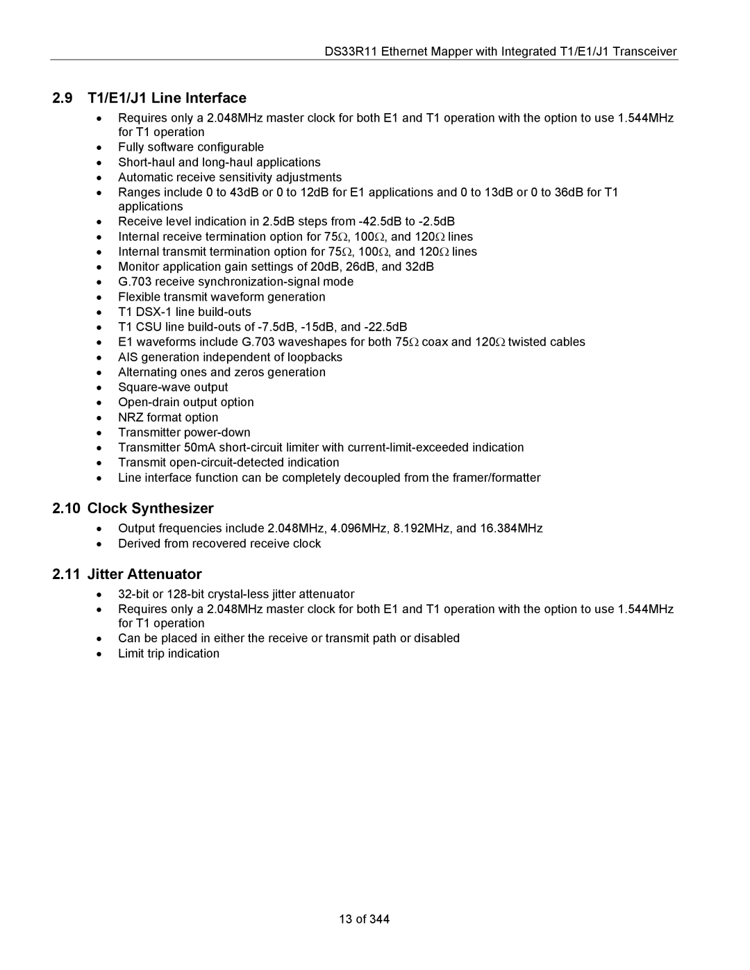 Maxim DS33R11 specifications T1/E1/J1 Line Interface, Clock Synthesizer, Jitter Attenuator 