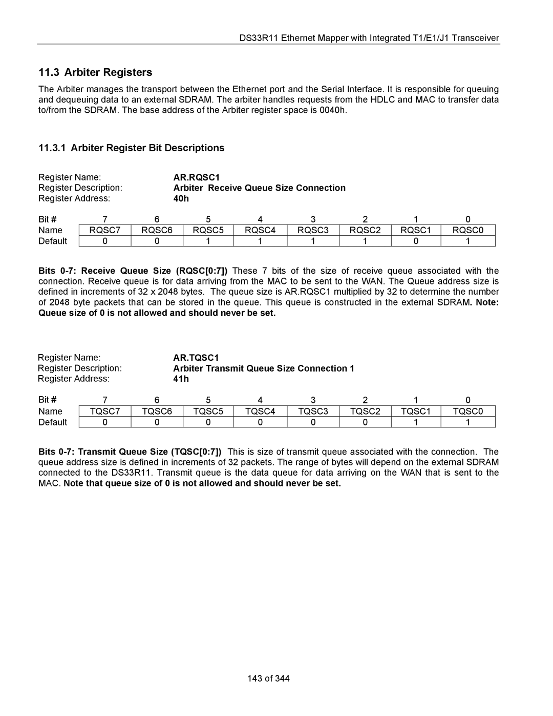 Maxim DS33R11 specifications Arbiter Registers, Arbiter Register Bit Descriptions, AR.RQSC1, AR.TQSC1 