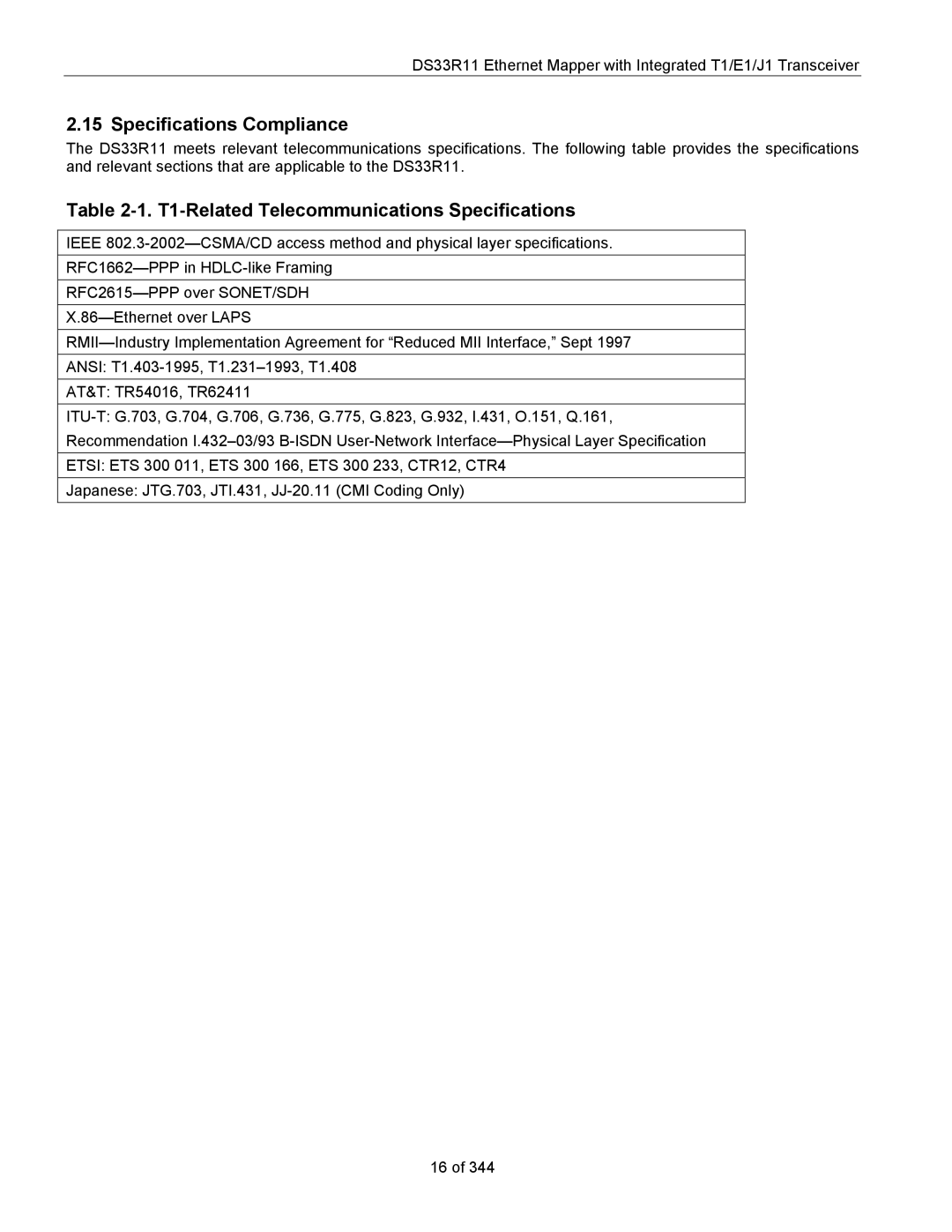 Maxim DS33R11 specifications Specifications Compliance, T1-Related Telecommunications Specifications 