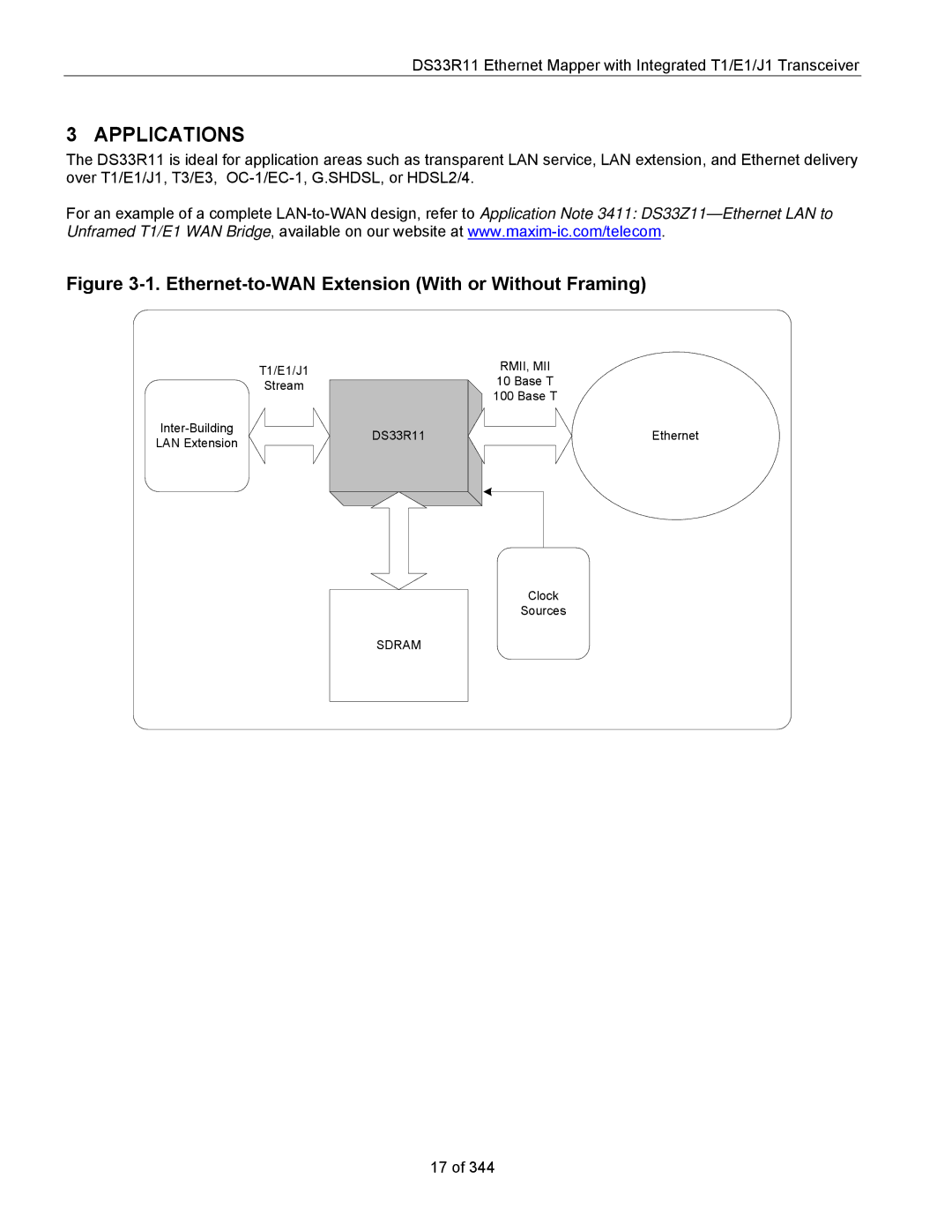 Maxim DS33R11 specifications Ethernet-to-WAN Extension With or Without Framing 