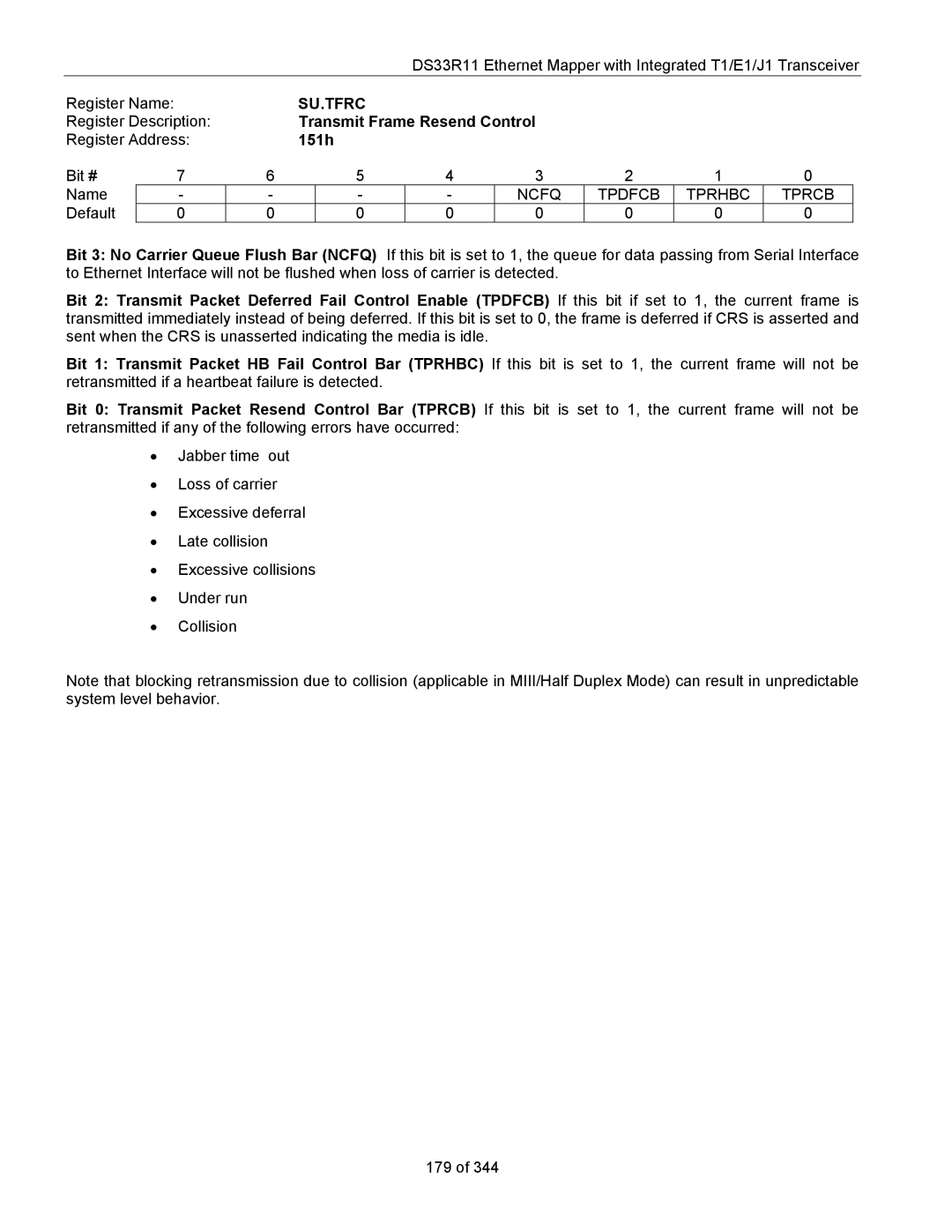 Maxim DS33R11 specifications Su.Tfrc, Transmit Frame Resend Control, 151h, Ncfq Tprhbc Tprcb 