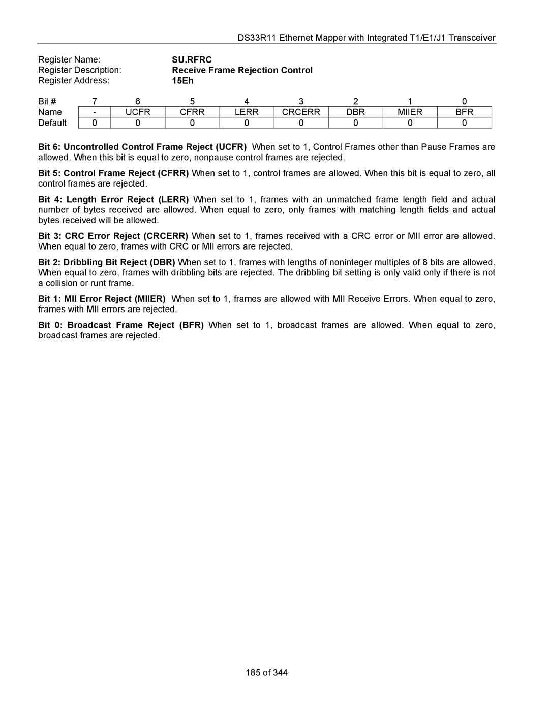 Maxim DS33R11 specifications Su.Rfrc, Receive Frame Rejection Control, 15Eh, Ucfr Cfrr Lerr Crcerr DBR Miier BFR 