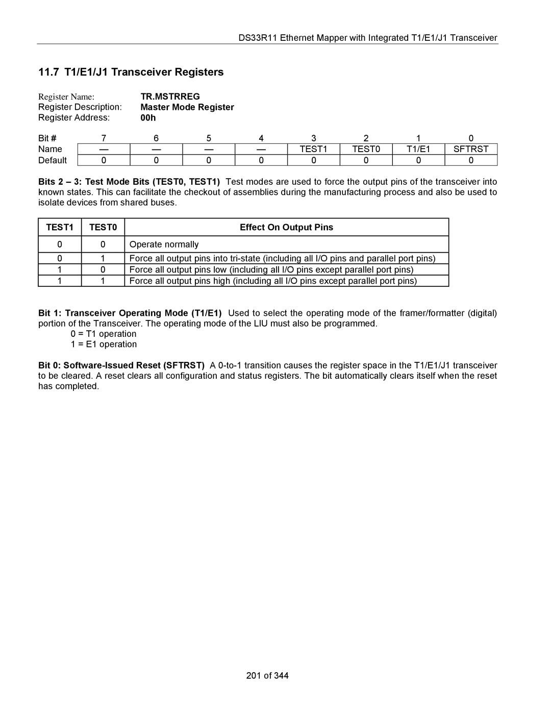 Maxim DS33R11 11.7 T1/E1/J1 Transceiver Registers, Tr.Mstrreg, Master Mode Register, TEST1 TEST0, Effect On Output Pins 