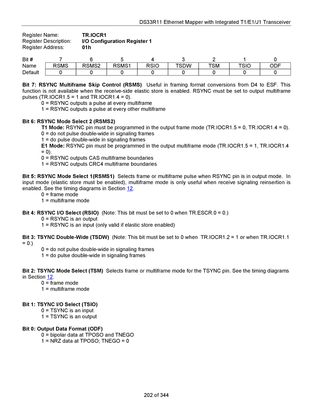 Maxim DS33R11 TR.IOCR1, Configuration Register, Bit 6 Rsync Mode Select 2 RSMS2, Bit 0 Output Data Format ODF 