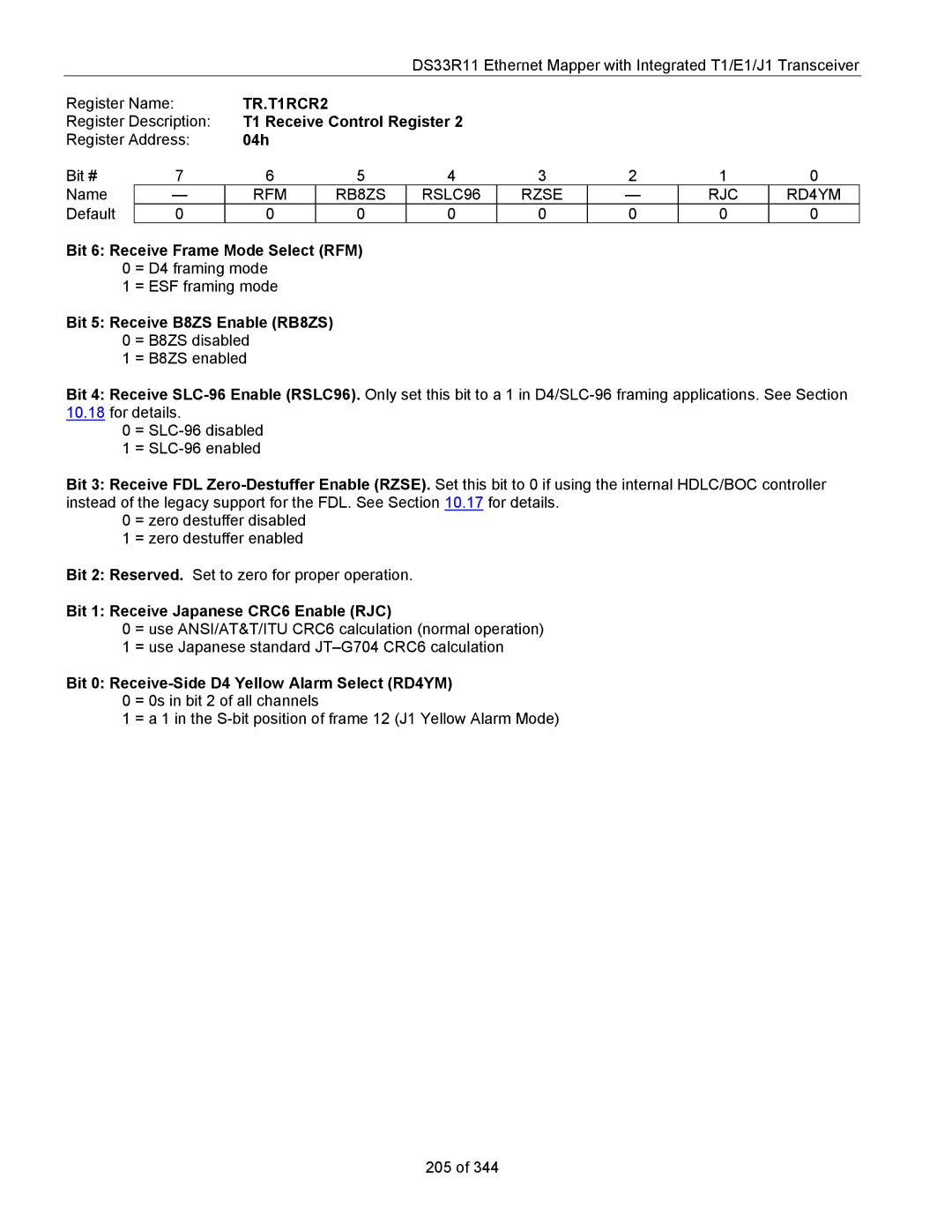 Maxim DS33R11 TR.T1RCR2, RFM RB8ZS RSLC96 Rzse RJC RD4YM, Bit 6 Receive Frame Mode Select RFM 0 = D4 framing mode 