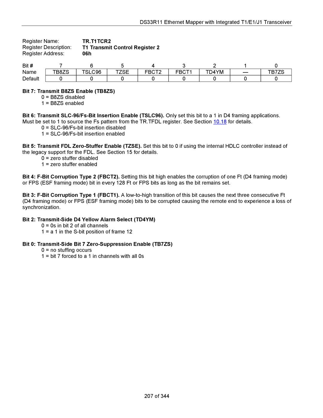 Maxim DS33R11 specifications TR.T1TCR2, TB8ZS TSLC96 Tzse FBCT2 FBCT1 TD4YM TB7ZS, Bit 7 Transmit B8ZS Enable TB8ZS 