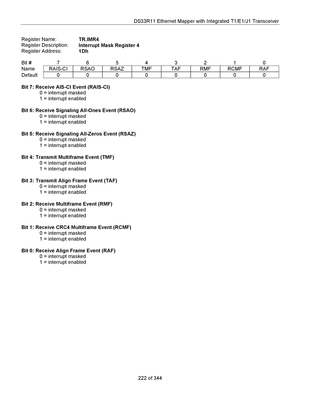 Maxim DS33R11 TR.IMR4, 1Dh, Bit 7 Receive AIS-CI Event RAIS-CI, Bit 3 Transmit Align Frame Event TAF 0 = interrupt masked 