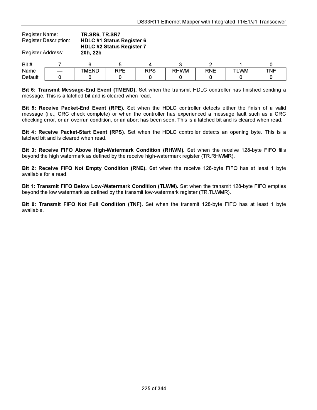 Maxim DS33R11 TR.SR6, TR.SR7, Hdlc #1 Status Register, Hdlc #2 Status Register, 20h, 22h, Tmend RPE RPS Rhwm RNE Tlwm TNF 