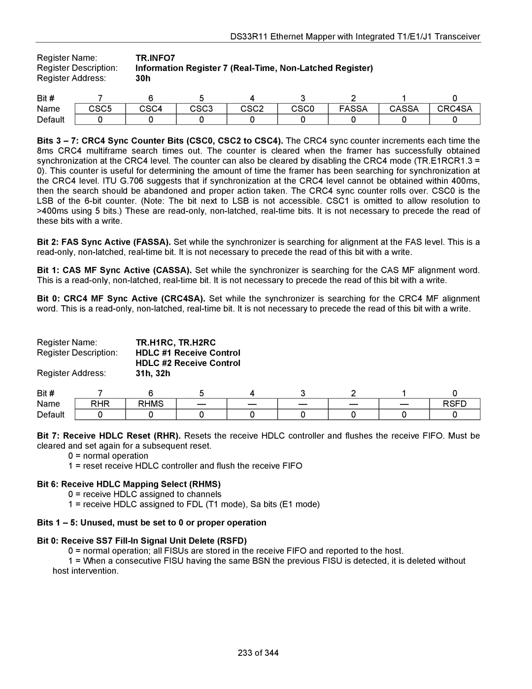 Maxim DS33R11 specifications TR.INFO7, TR.H1RC, TR.H2RC, Hdlc #1 Receive Control, Hdlc #2 Receive Control 31h, 32h 