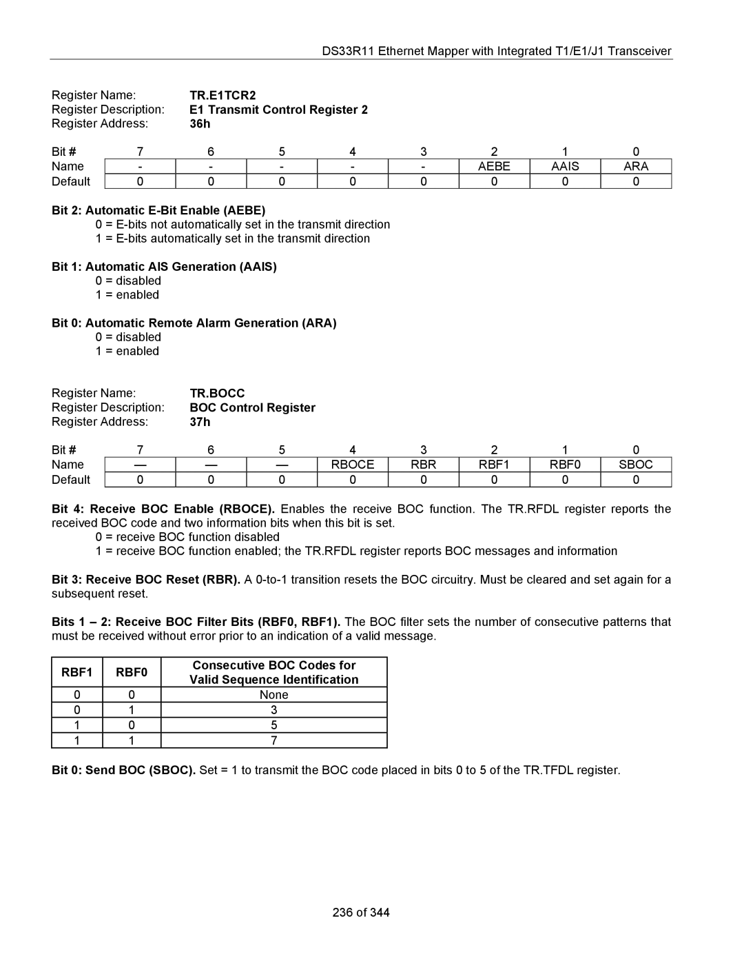 Maxim DS33R11 specifications TR.E1TCR2, Tr.Bocc, RBF1 RBF0 