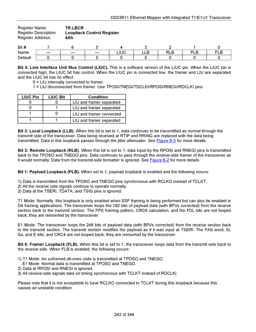 Maxim DS33R11 specifications Tr.Lbcr, Loopback Control Register, 4Ah, Liuc LLB RLB PLB FLB, Liuc Pin Liuc Bit Condition 