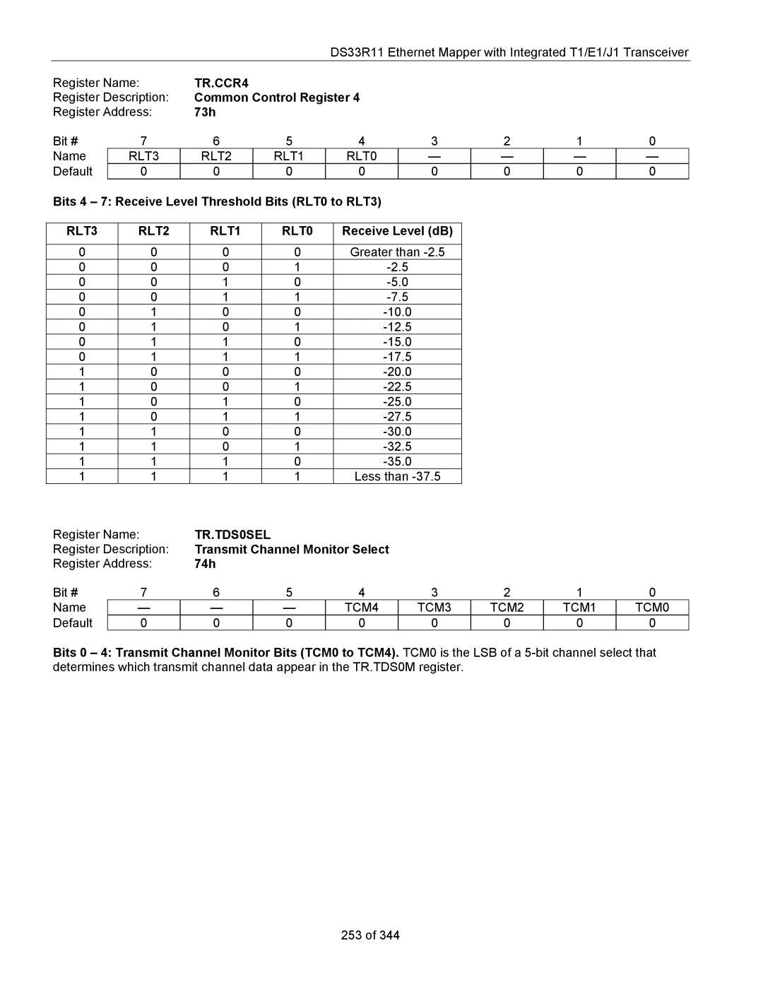 Maxim DS33R11 specifications TR.CCR4, RLT3 RLT2 RLT1 RLT0, TR.TDS0SEL 