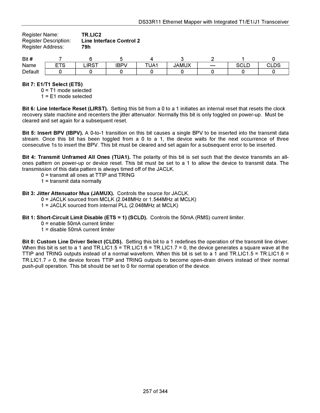 Maxim DS33R11 specifications TR.LIC2, 79h, ETS Lirst Ibpv TUA1 Jamux Scld Clds, Bit 7 E1/T1 Select ETS 