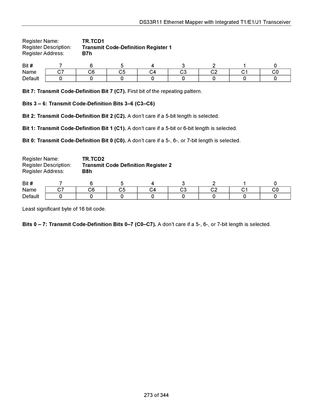 Maxim DS33R11 specifications TR.TCD1, TR.TCD2, Transmit Code Definition Register, B8h 