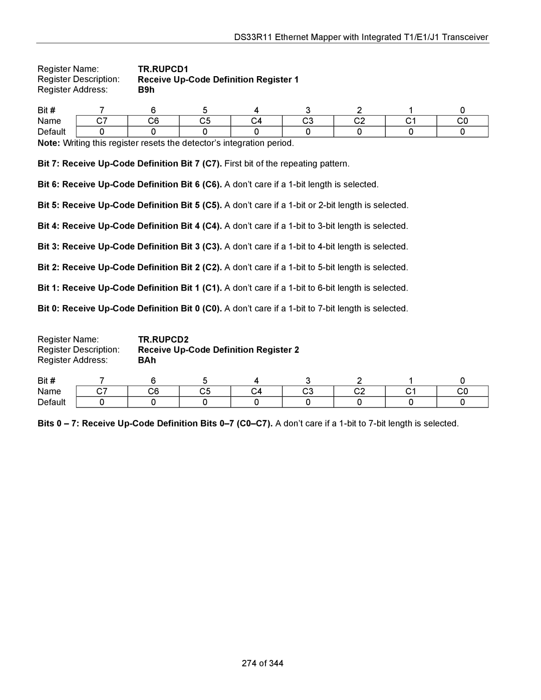 Maxim DS33R11 specifications TR.RUPCD2, Receive Up-Code Definition Register, BAh 