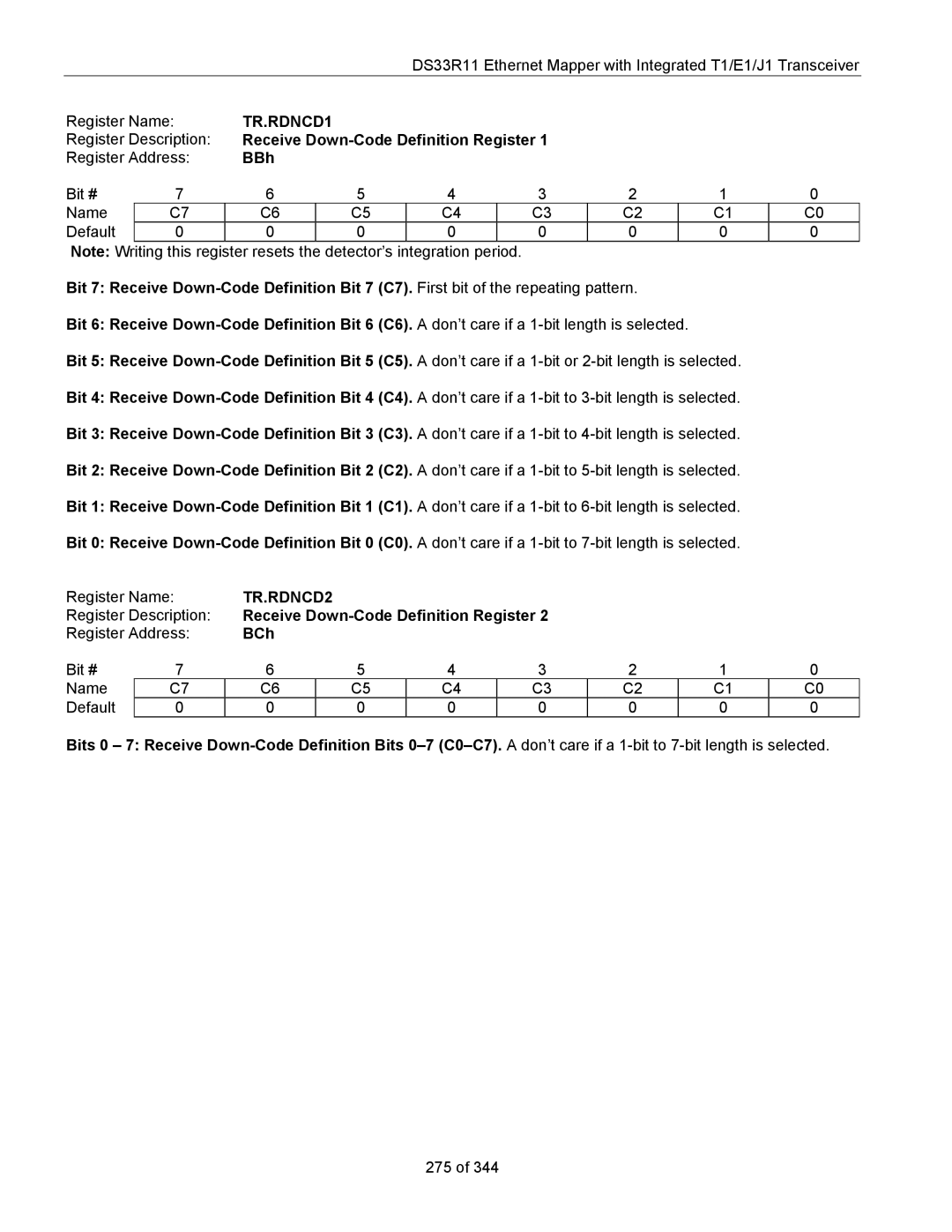 Maxim DS33R11 specifications TR.RDNCD1, Receive Down-Code Definition Register, BBh, TR.RDNCD2, BCh 