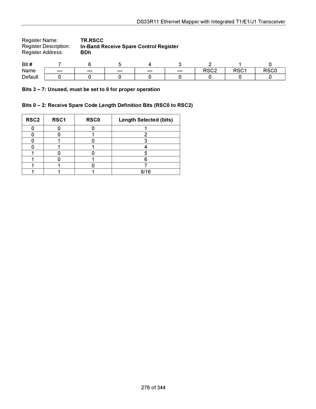 Maxim DS33R11 specifications Tr.Rscc, In-Band Receive Spare Control Register, BDh, RSC2 RSC1 RSC0 