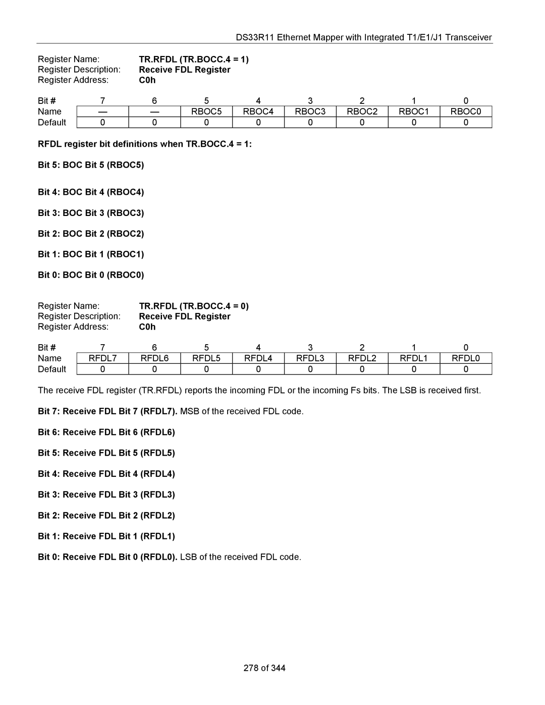 Maxim DS33R11 specifications TR.RFDL TR.BOCC.4 =, Receive FDL Register, C0h, RBOC5 RBOC4 RBOC3 RBOC2 RBOC1 RBOC0 