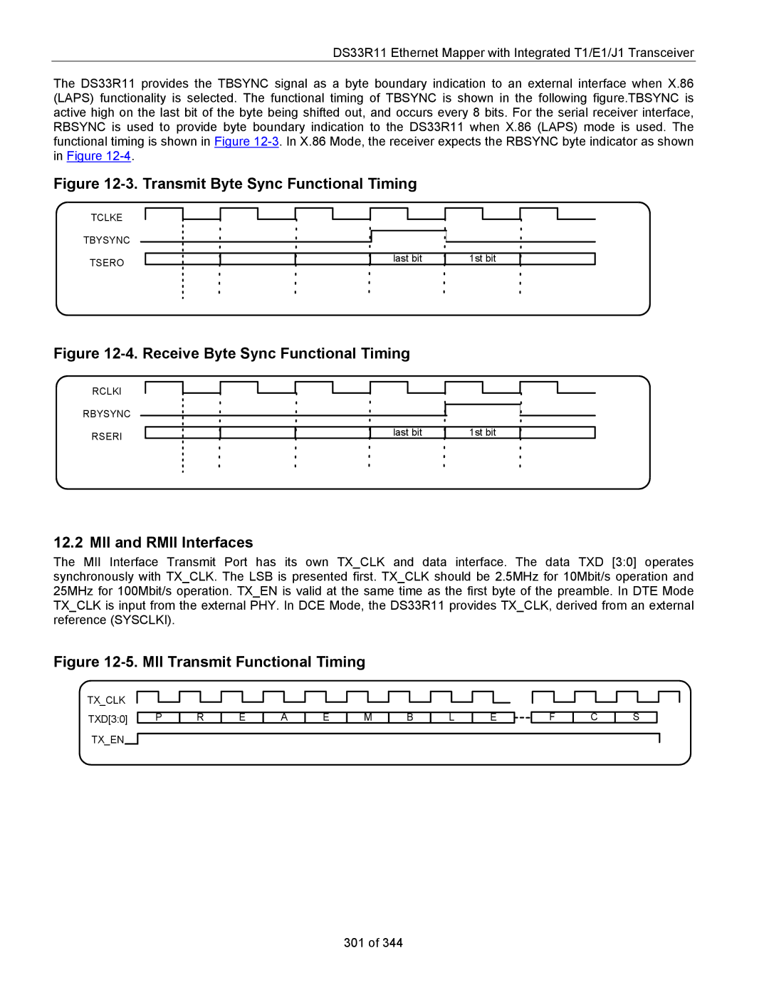 Maxim DS33R11 specifications Transmit Byte Sync Functional Timing, MII and Rmii Interfaces 