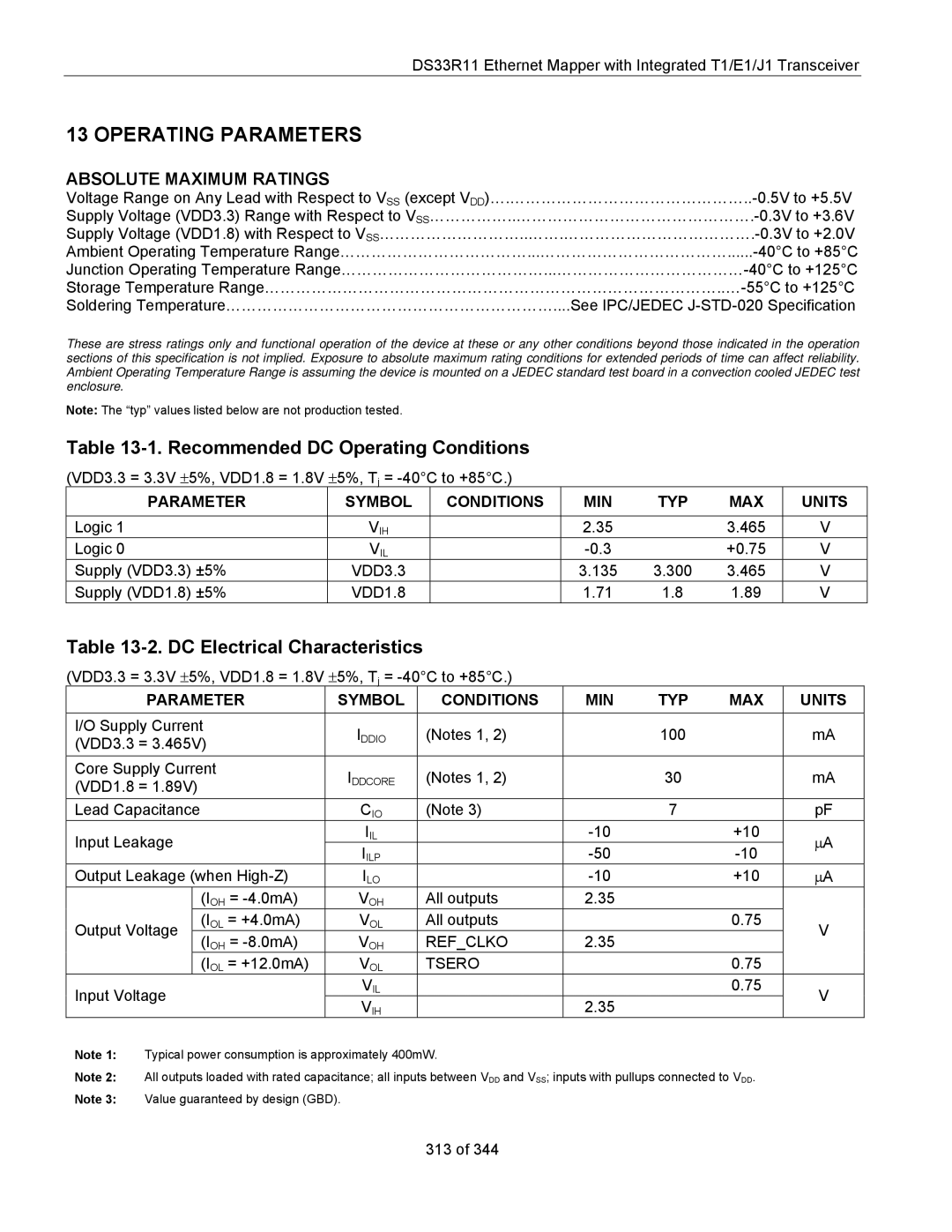 Maxim DS33R11 specifications Recommended DC Operating Conditions, DC Electrical Characteristics 