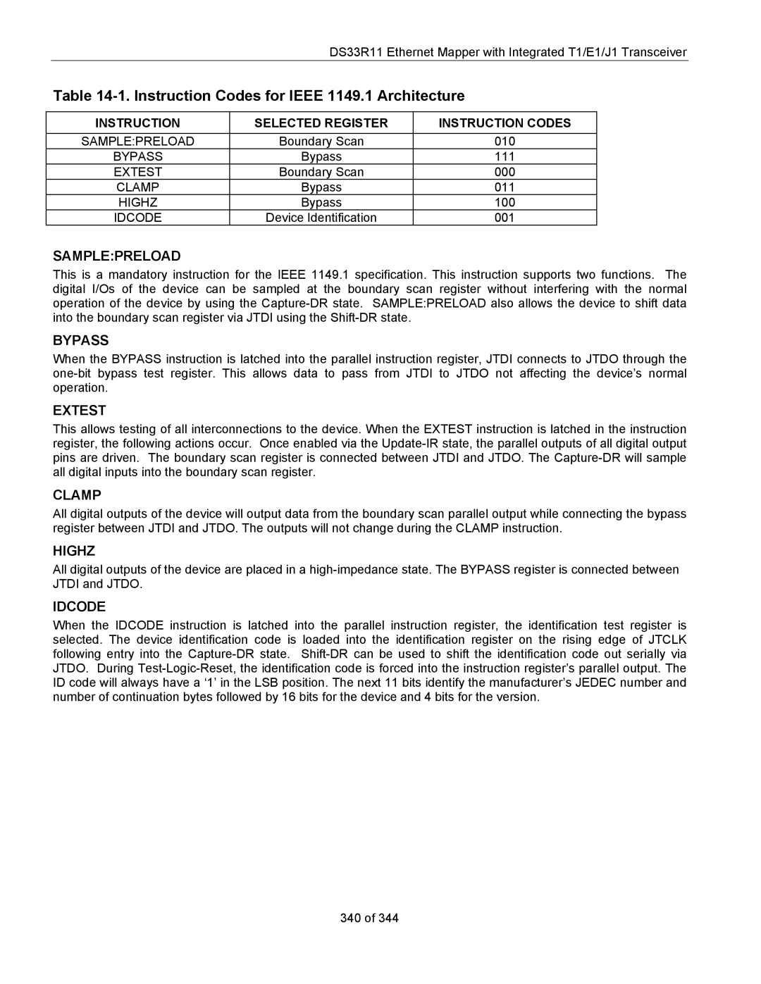 Maxim DS33R11 Instruction Codes for Ieee 1149.1 Architecture, Instruction Selected Register Instruction Codes 