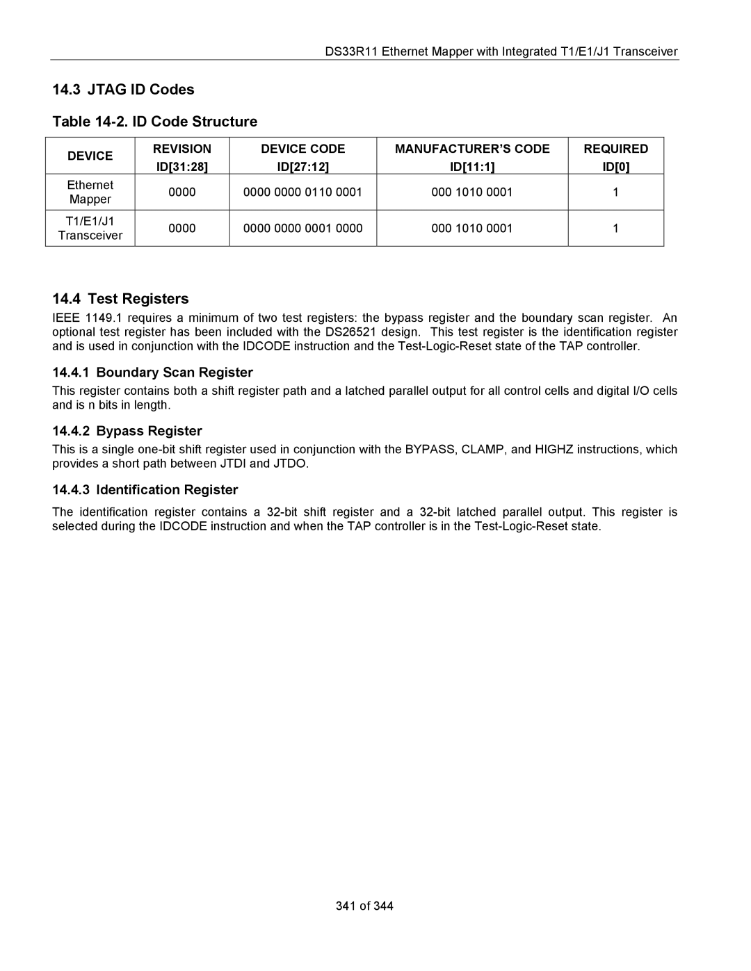 Maxim DS33R11 specifications Jtag ID Codes ID Code Structure, Test Registers, Boundary Scan Register, Bypass Register 