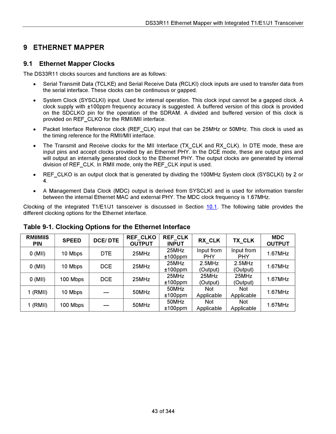 Maxim DS33R11 specifications Ethernet Mapper Clocks, Clocking Options for the Ethernet Interface, Txclk, MDC Output 