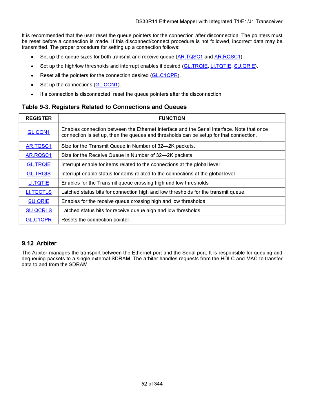 Maxim DS33R11 specifications Registers Related to Connections and Queues, Arbiter, Register Function 