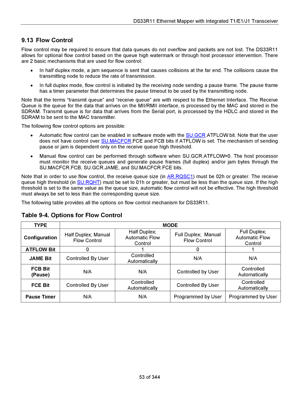 Maxim DS33R11 specifications Options for Flow Control, Type Mode 