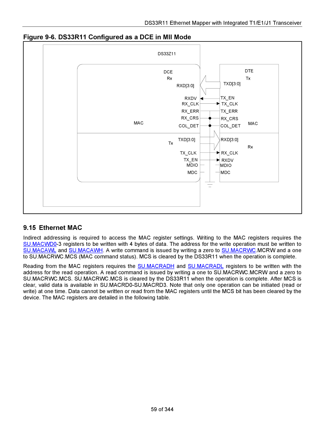 Maxim specifications DS33R11 Configured as a DCE in MII Mode, Ethernet MAC 