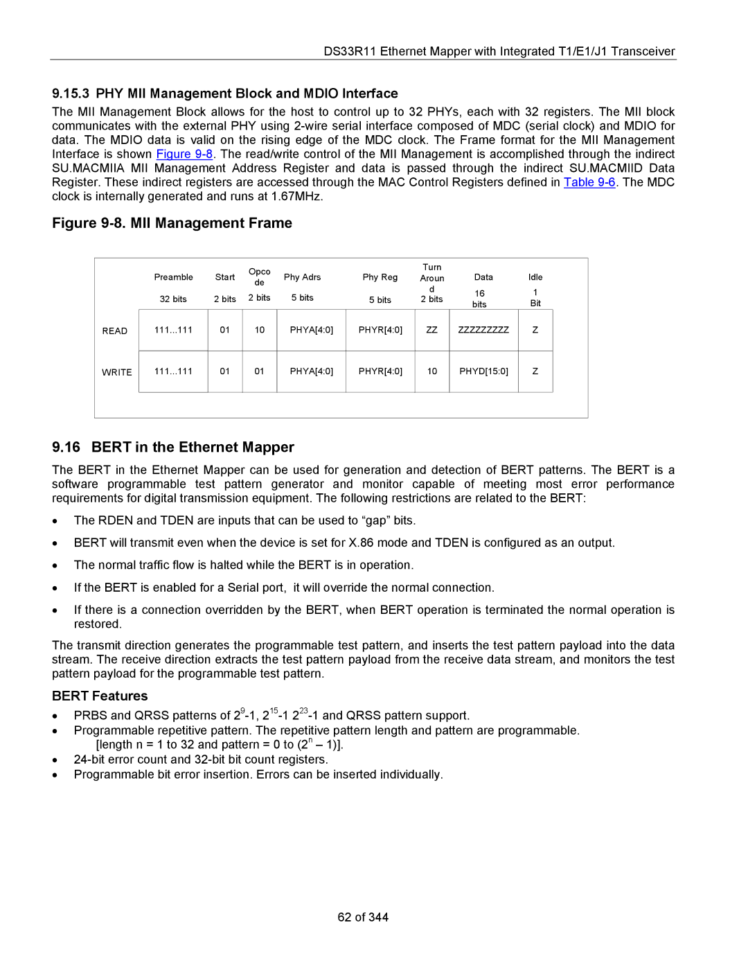 Maxim DS33R11 specifications Bert in the Ethernet Mapper, PHY MII Management Block and Mdio Interface, Bert Features 