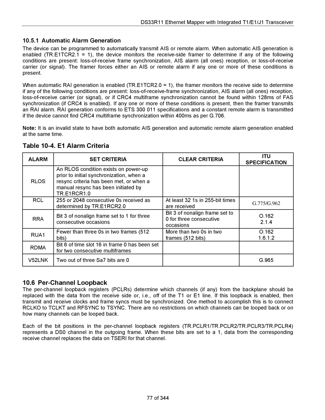 Maxim DS33R11 specifications E1 Alarm Criteria, Per-Channel Loopback, Automatic Alarm Generation 