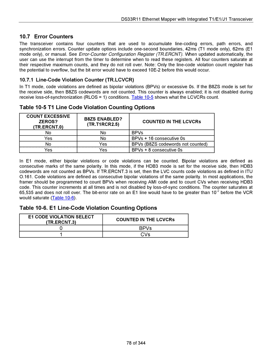 Maxim DS33R11 Error Counters, T1 Line Code Violation Counting Options, E1 Line-Code Violation Counting Options, CVs 