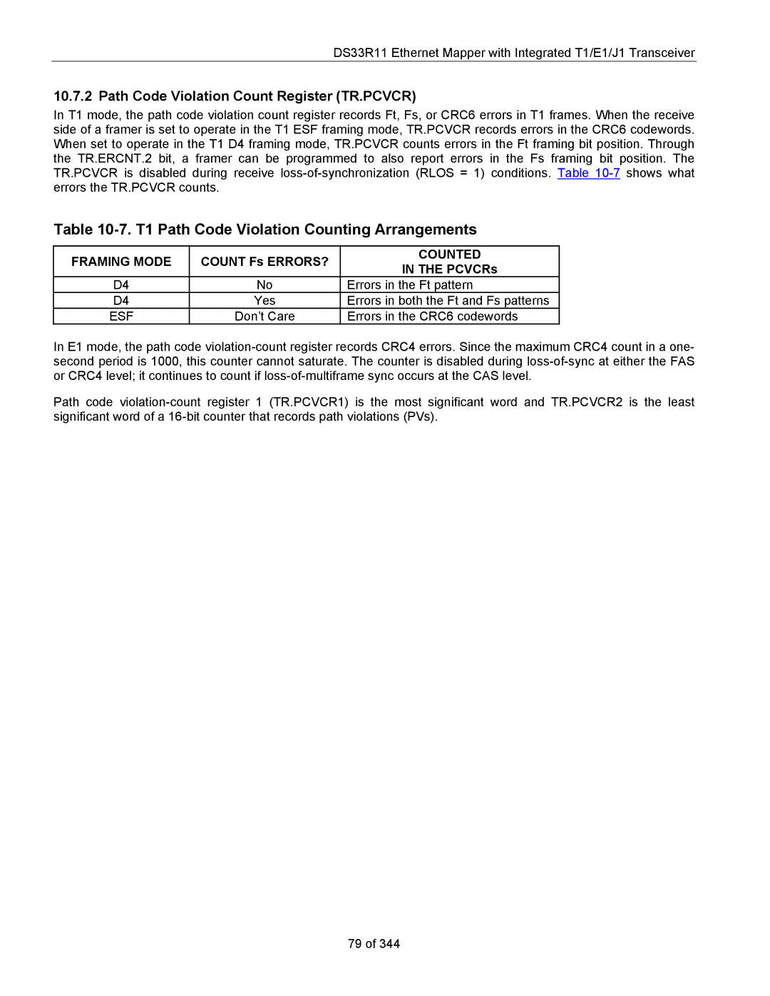 Maxim DS33R11 T1 Path Code Violation Counting Arrangements, Path Code Violation Count Register TR.PCVCR, Framing Mode 