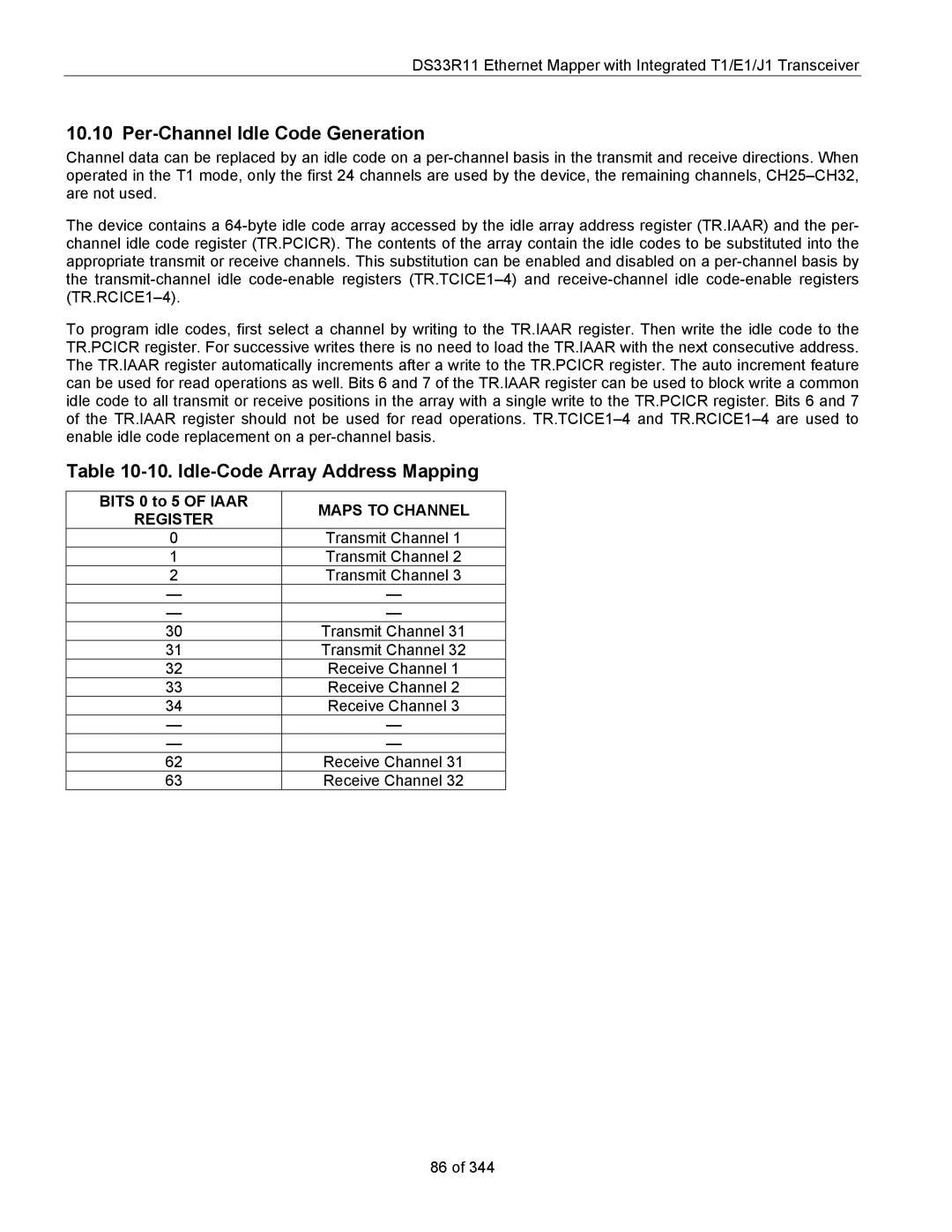 Maxim DS33R11 Per-Channel Idle Code Generation, Idle-Code Array Address Mapping, Bits 0 to 5 of Iaar, Maps to Channel 