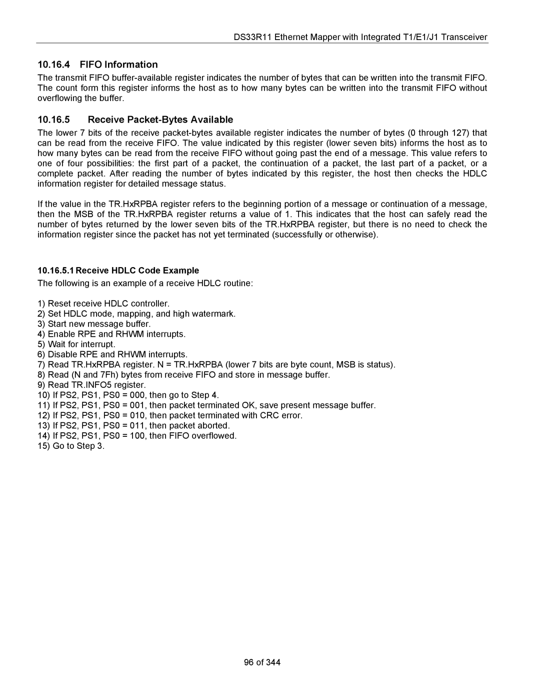 Maxim DS33R11 specifications Fifo Information, Receive Packet-Bytes Available, Receive Hdlc Code Example 