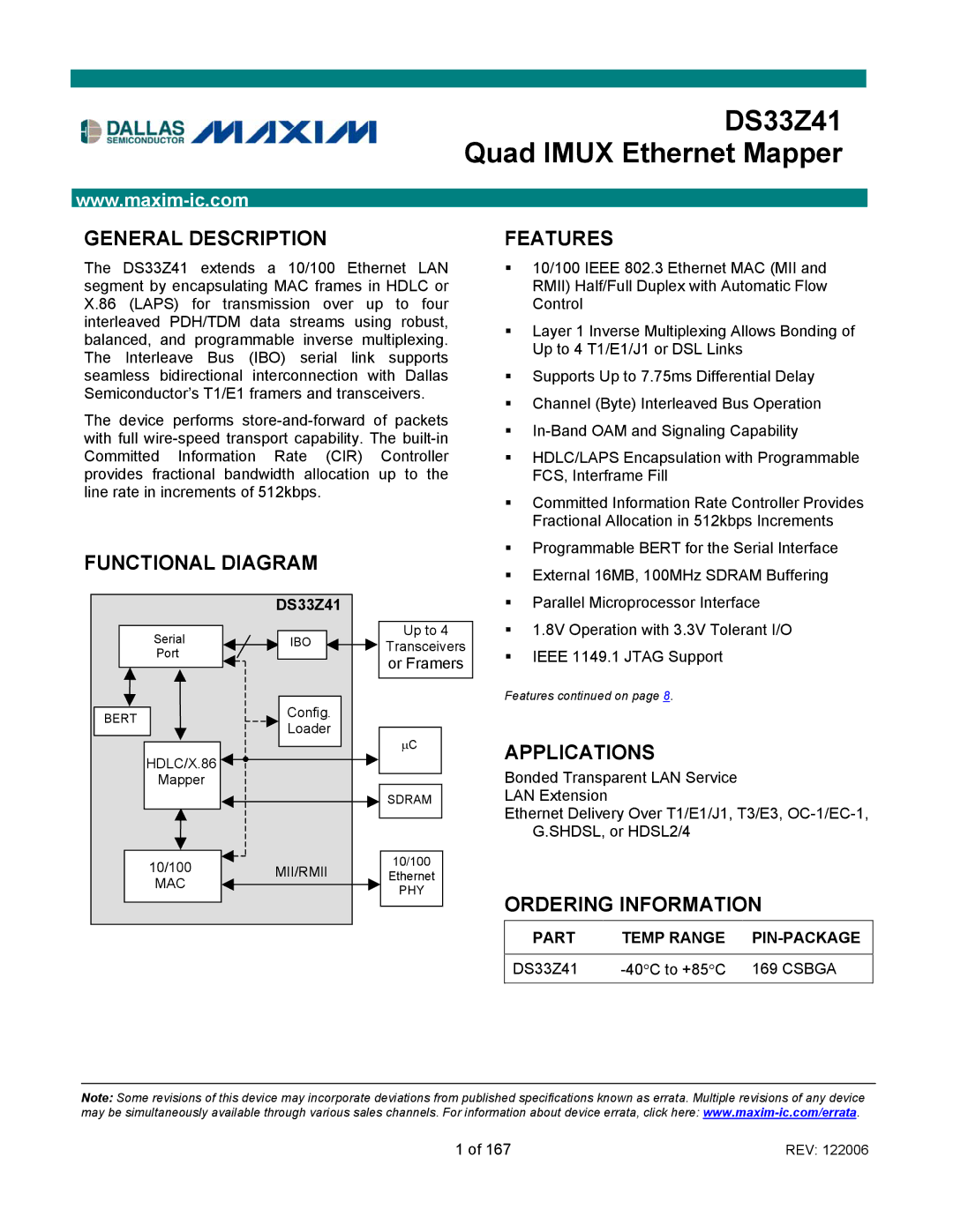 Maxim DS33Z41 specifications General Description, Functional Diagram, Features, Applications, Ordering Information 