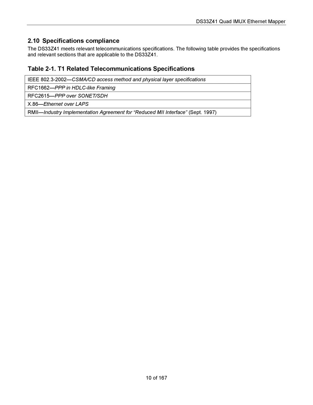 Maxim DS33Z41 specifications Specifications compliance, T1 Related Telecommunications Specifications 