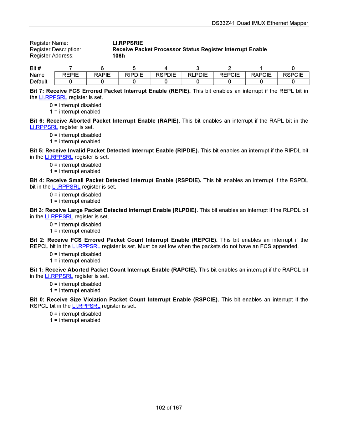 Maxim DS33Z41 specifications Li.Rppsrie, Receive Packet Processor Status Register Interrupt Enable, 106h 