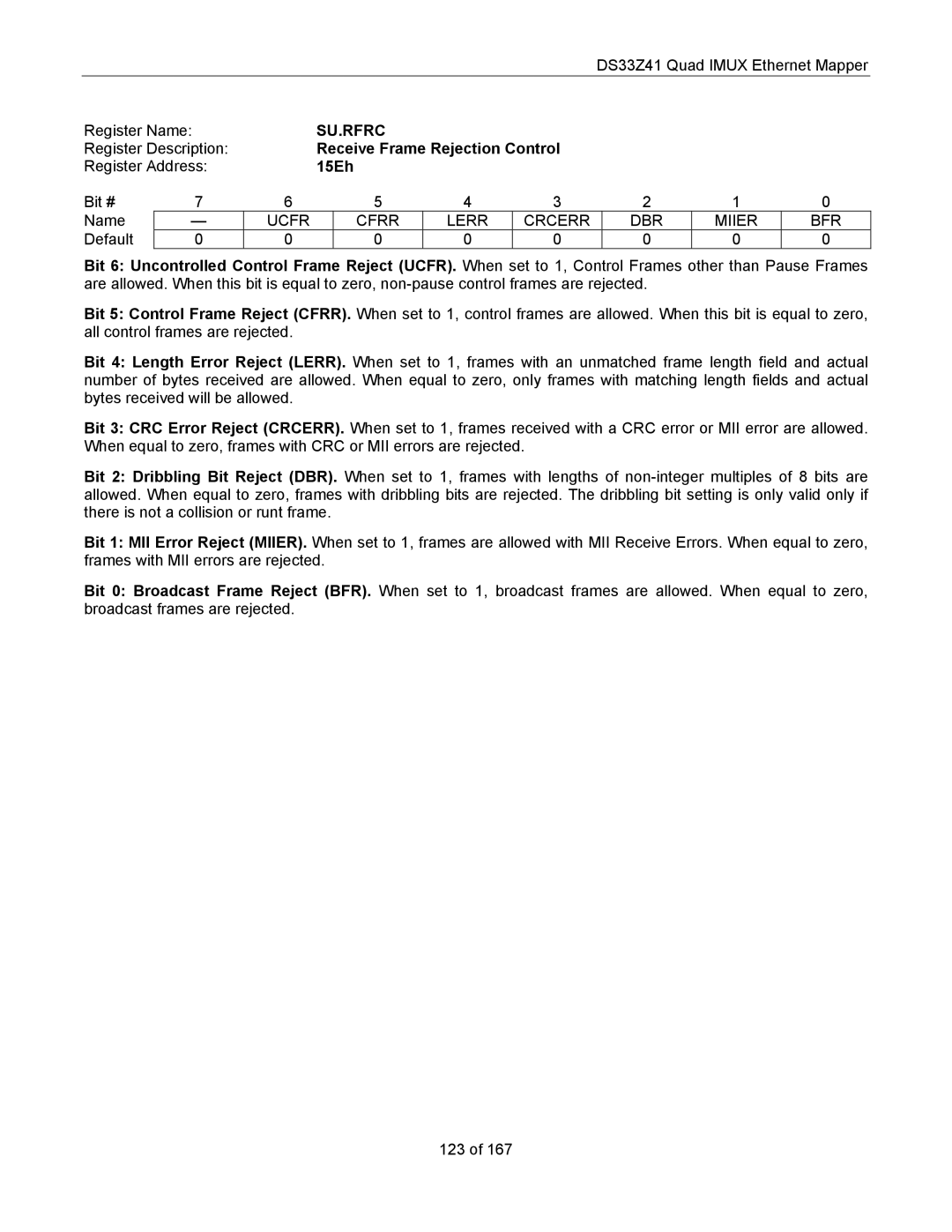 Maxim DS33Z41 specifications Su.Rfrc, Receive Frame Rejection Control, 15Eh, Ucfr Cfrr Lerr Crcerr DBR Miier BFR 