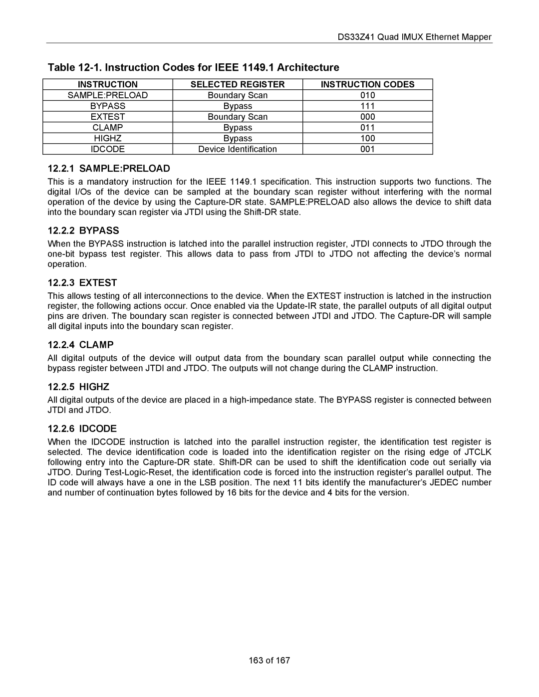 Maxim DS33Z41 specifications Instruction Codes for Ieee 1149.1 Architecture 