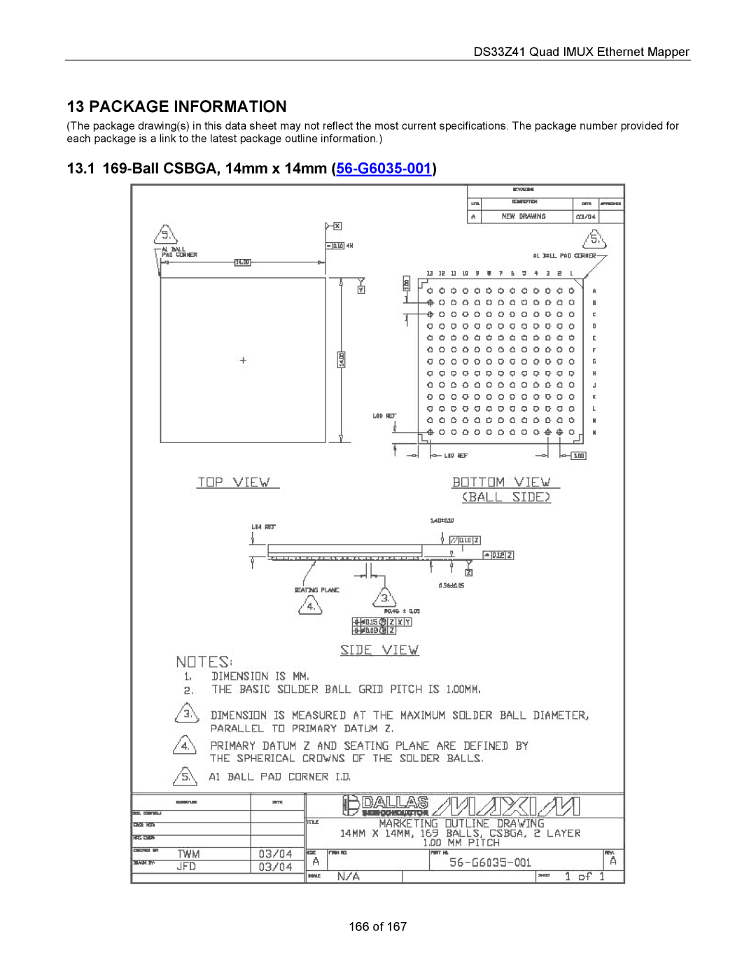 Maxim DS33Z41 specifications Package Information, 13.1 169-Ball CSBGA, 14mm x 14mm 56-G6035-001 