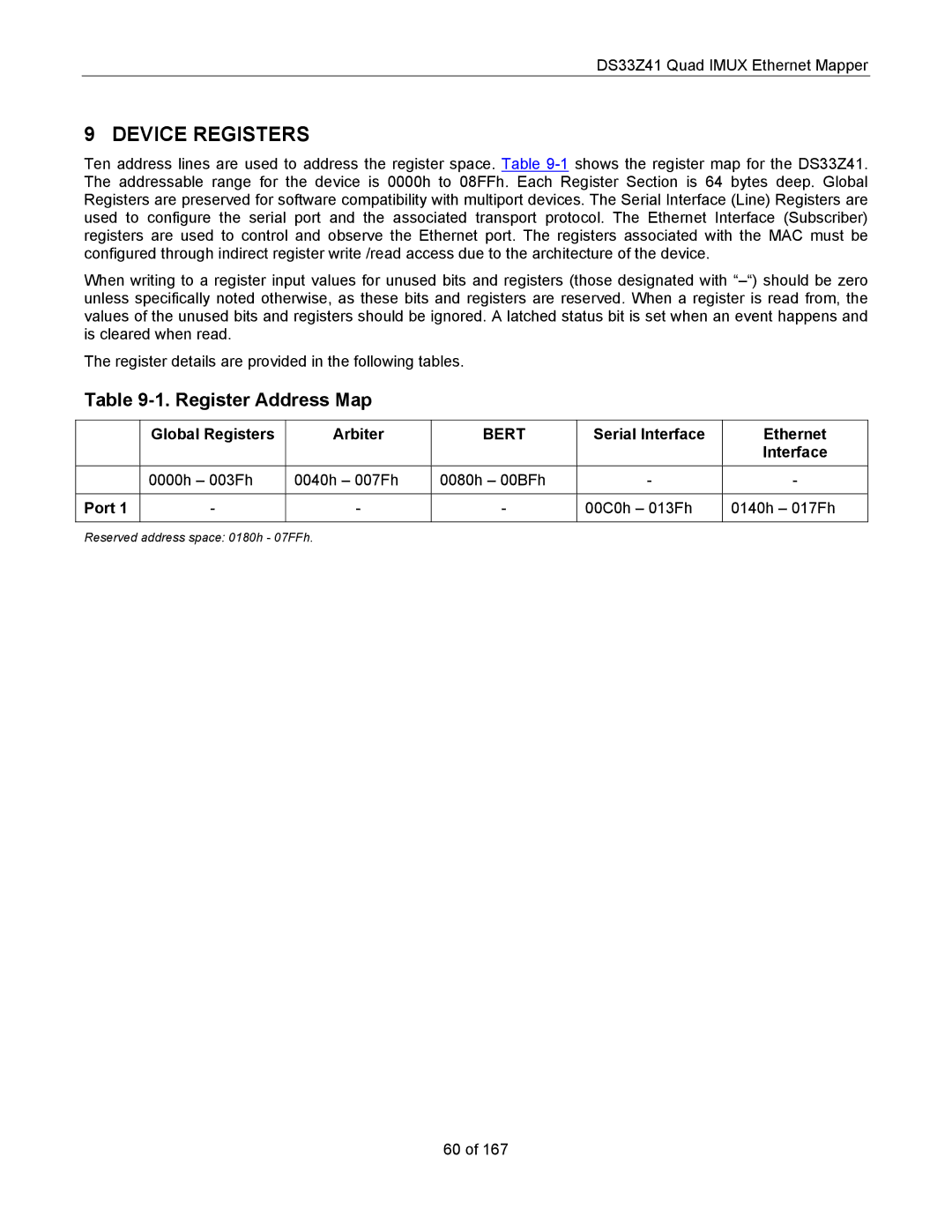 Maxim DS33Z41 specifications Device Registers, Register Address Map, Bert 