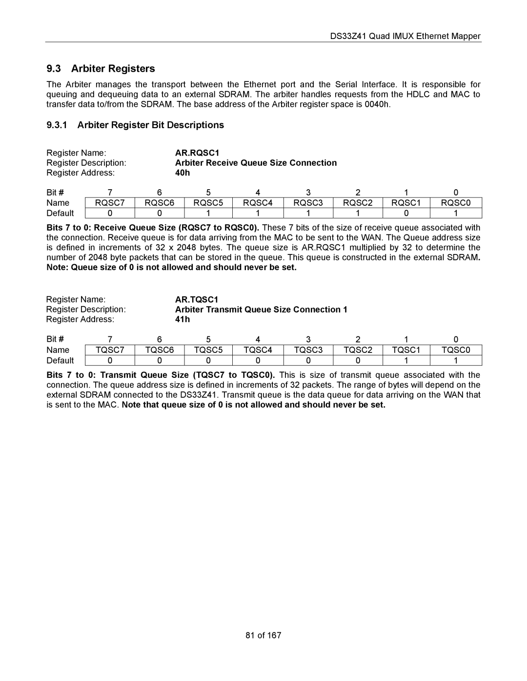 Maxim DS33Z41 specifications Arbiter Registers, Arbiter Register Bit Descriptions, AR.RQSC1, AR.TQSC1 