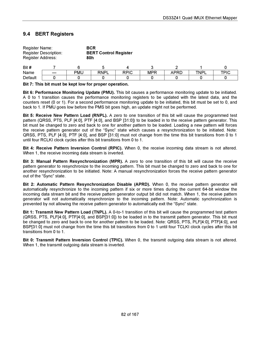 Maxim DS33Z41 Bert Registers, Bert Control Register, 80h, Bit 7 This bit must be kept low for proper operation 