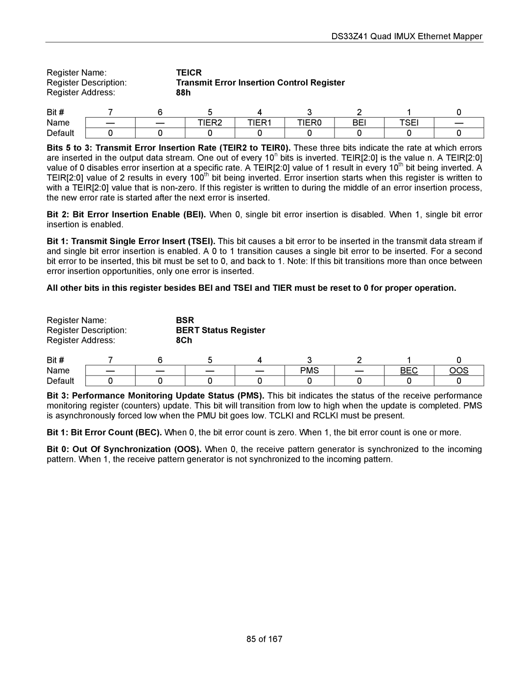 Maxim DS33Z41 specifications Transmit Error Insertion Control Register, 88h, Bert Status Register, 8Ch 