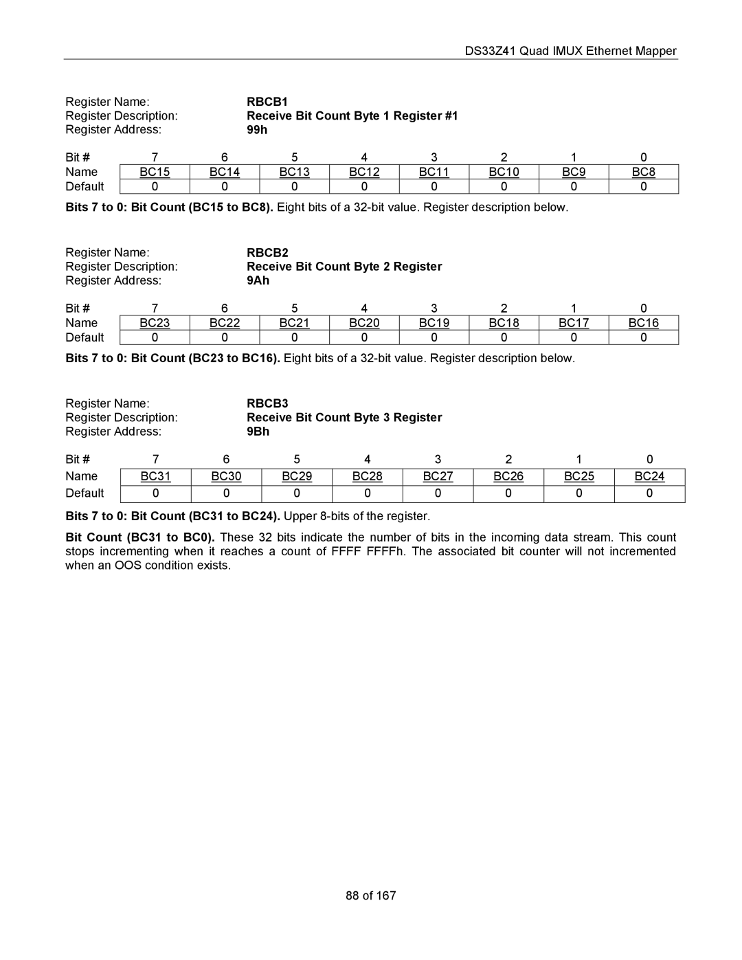 Maxim DS33Z41 specifications Receive Bit Count Byte 1 Register #1, 99h, Receive Bit Count Byte 2 Register, 9Ah, 9Bh 