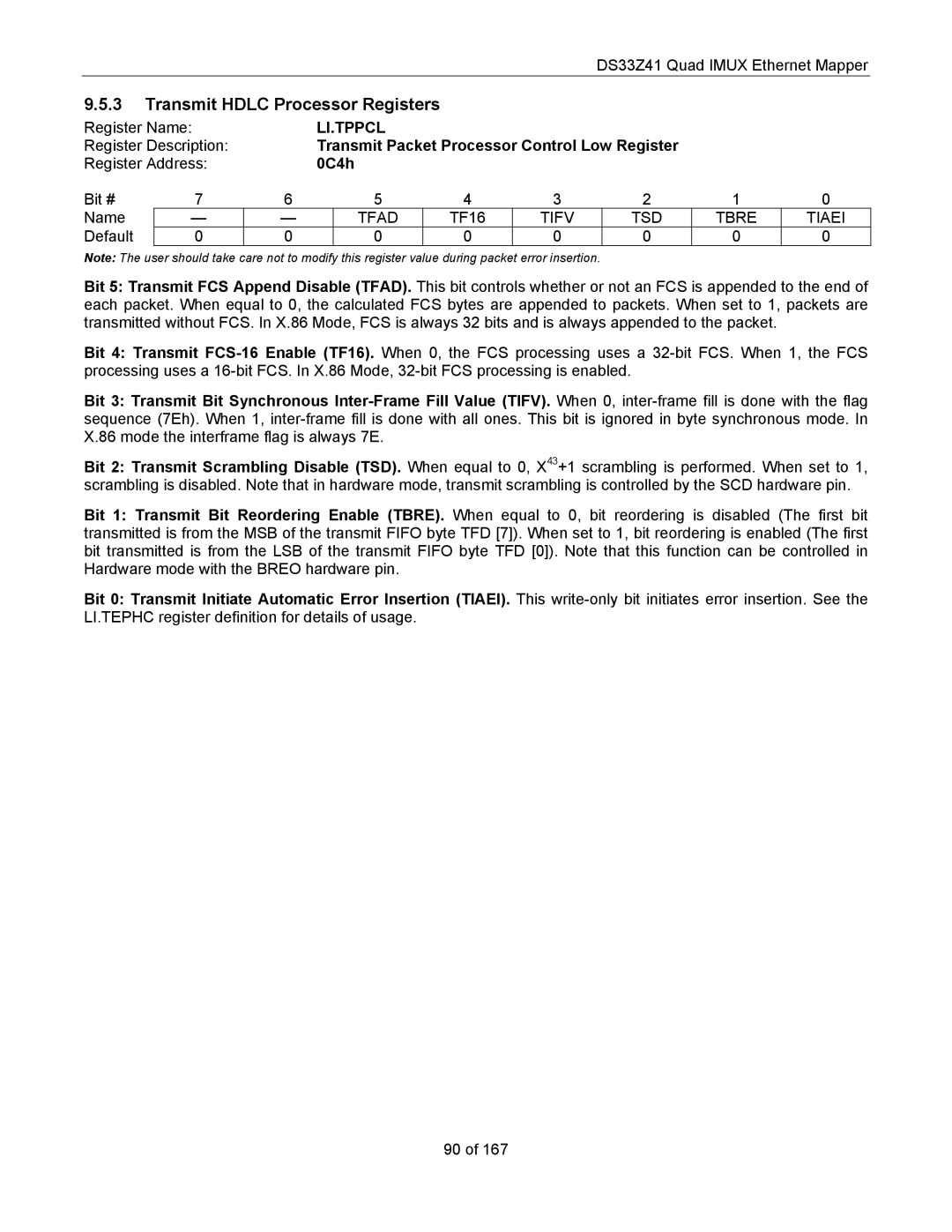 Maxim DS33Z41 Transmit Hdlc Processor Registers, Li.Tppcl, Transmit Packet Processor Control Low Register, 0C4h 