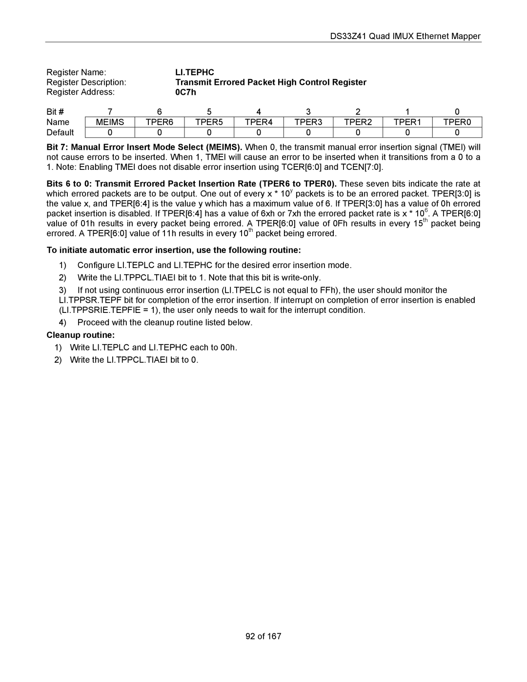 Maxim DS33Z41 specifications Li.Tephc, Transmit Errored Packet High Control Register, 0C7h, Cleanup routine 