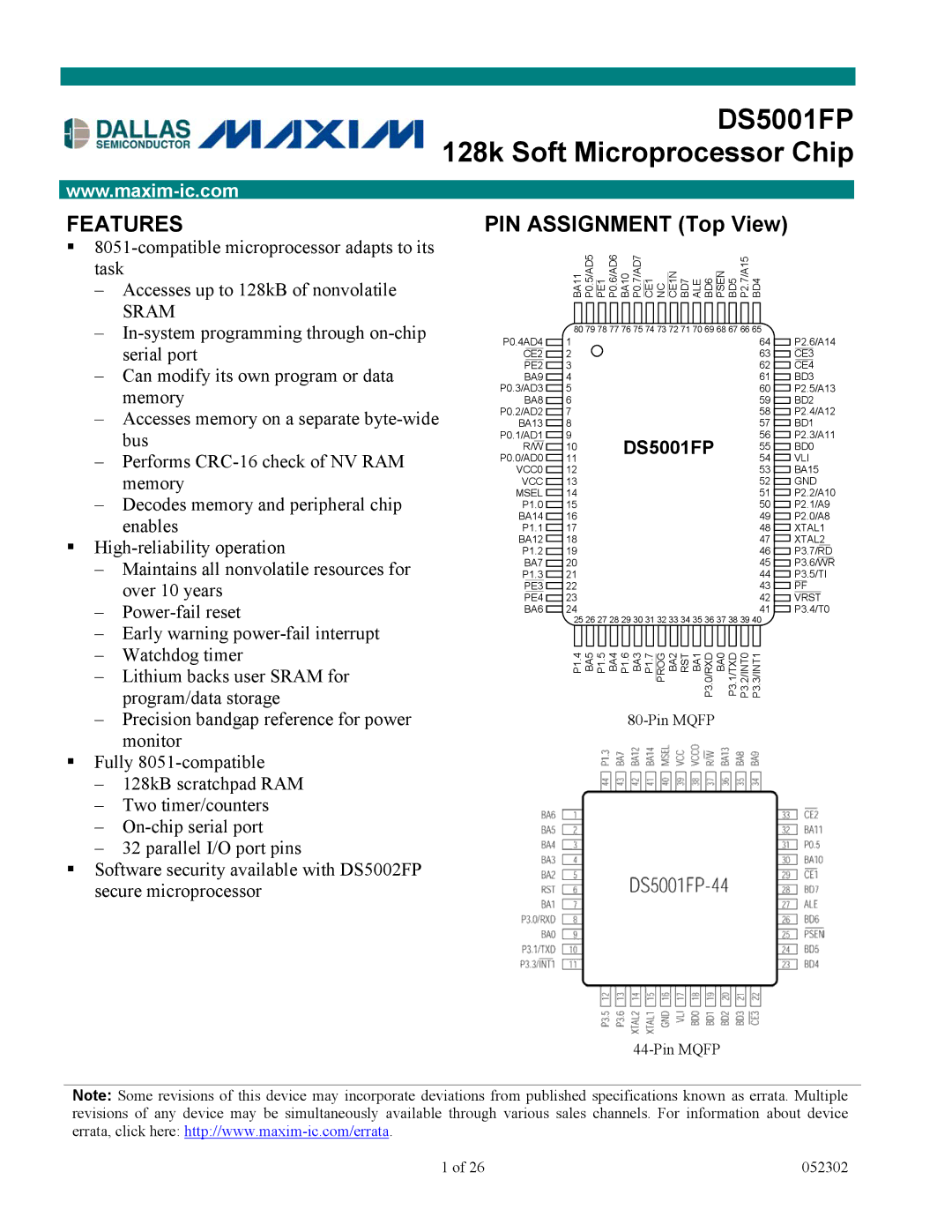 Maxim specifications DS5001FP 128k Soft Microprocessor Chip, Features 